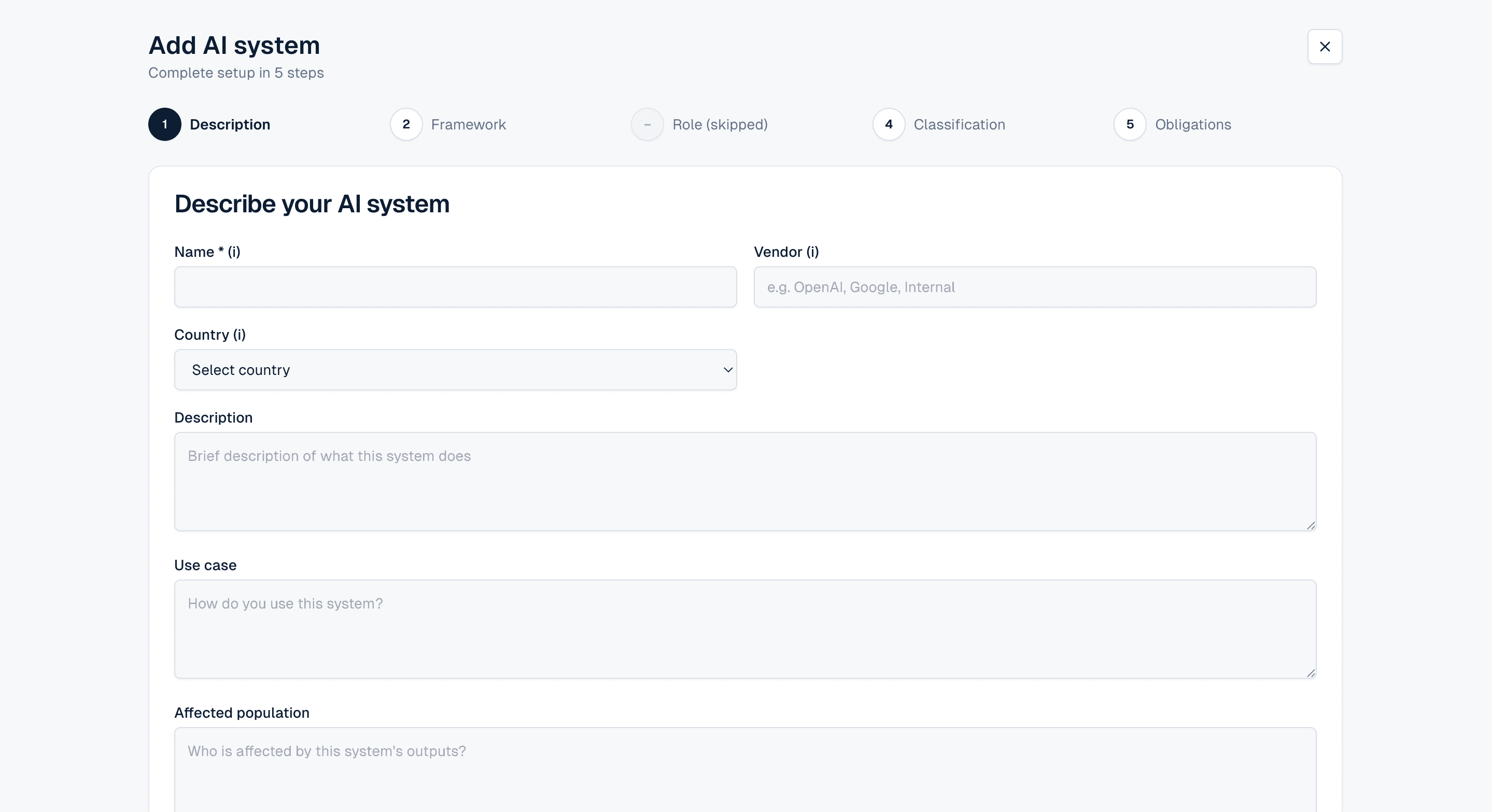 Unorma Add AI System wizard, step 1 of 5, describing an AI system