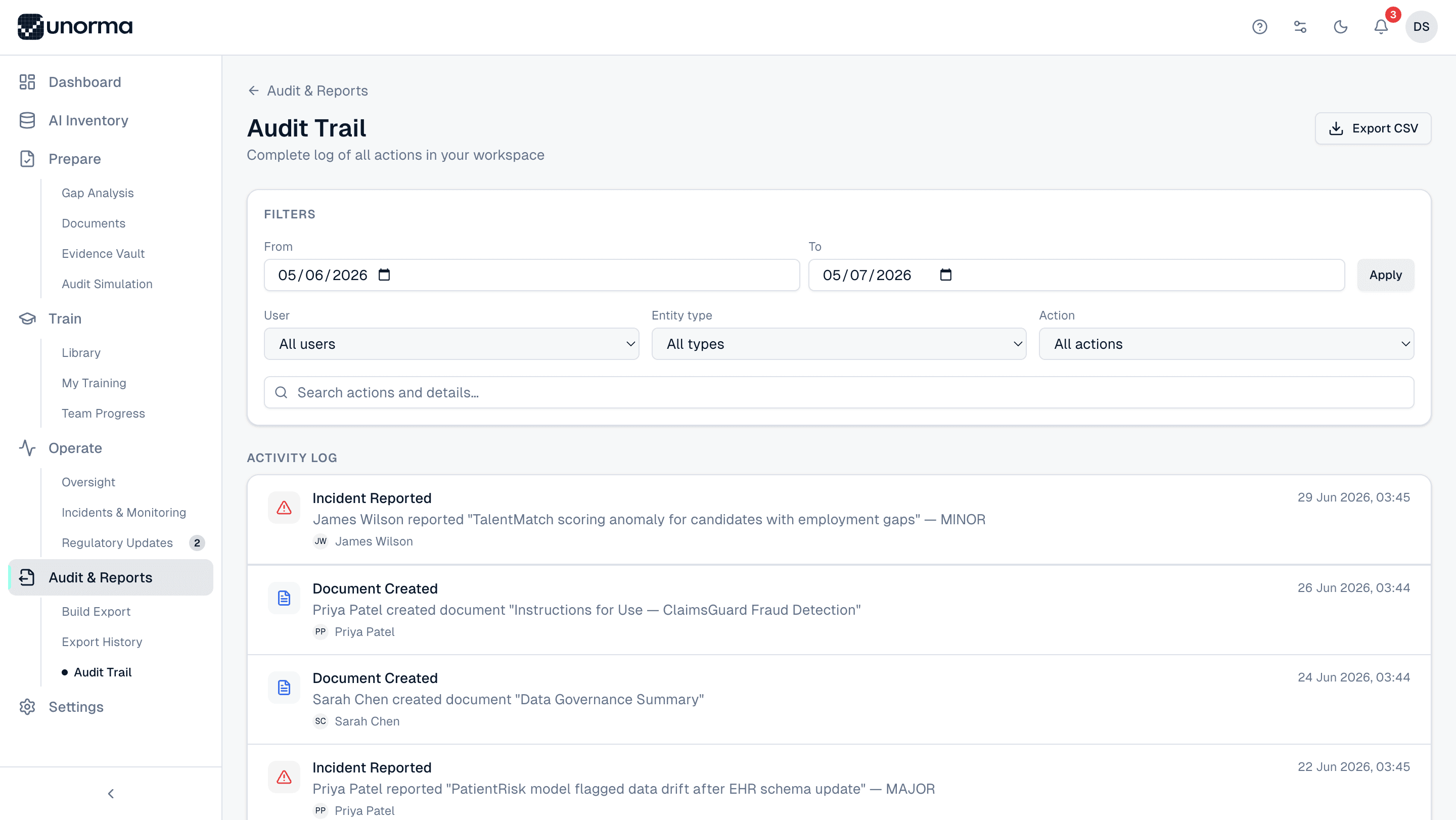 Unorma Audit Trail showing filterable activity log entries for incident reports and document creation, with CSV export