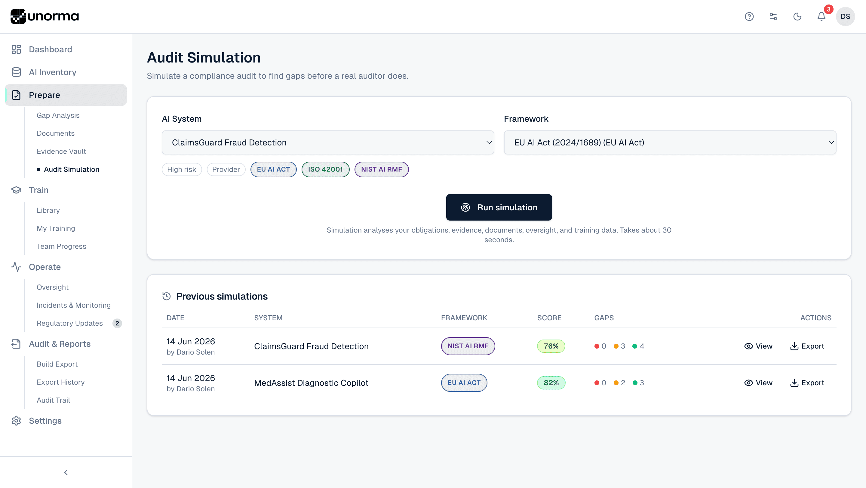 Unorma Audit Simulation setup screen with AI system and framework selectors, a Run simulation button, and previous simulation history