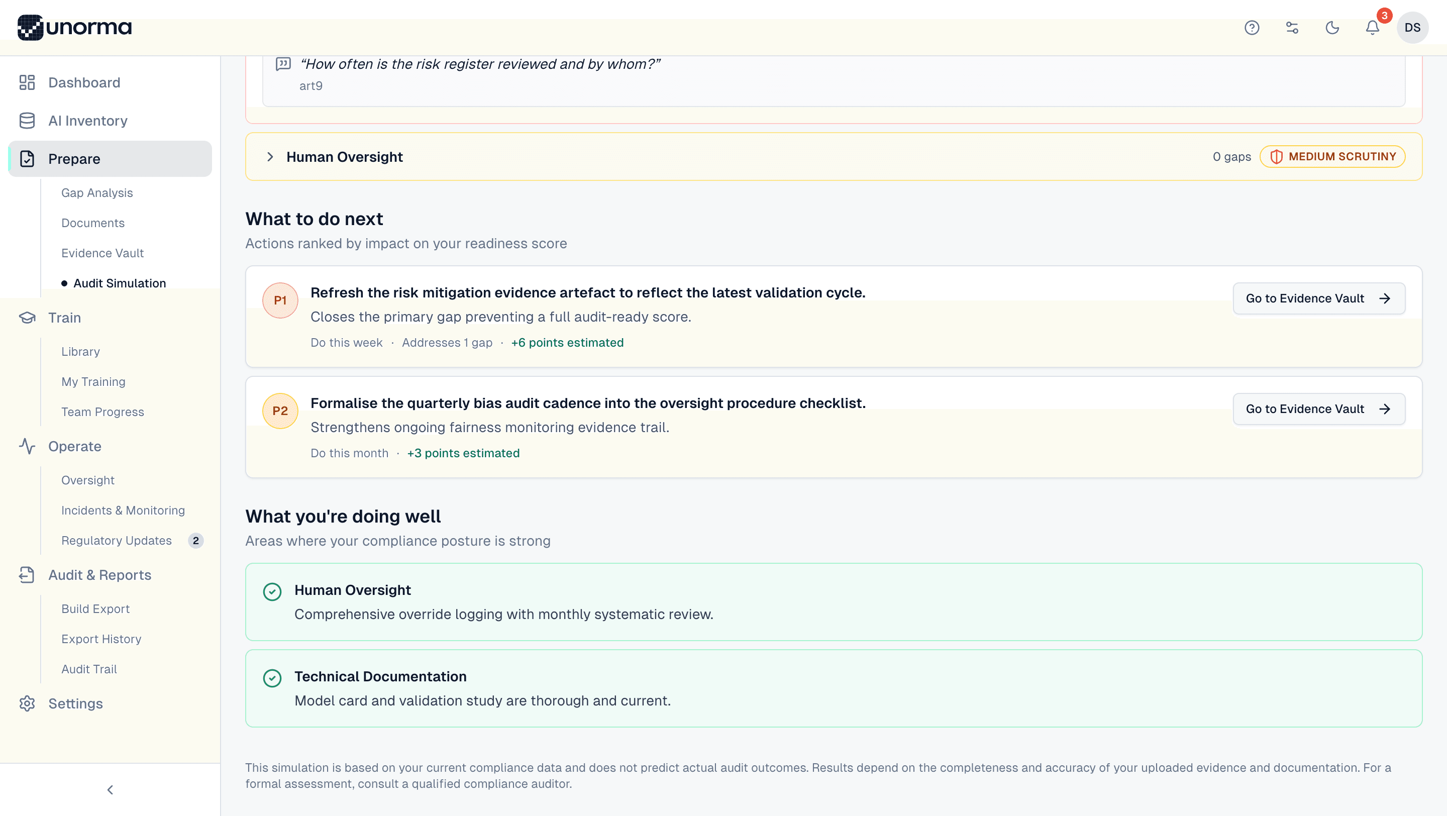 Unorma audit simulation showing a generated auditor question, prioritised actions ranked by point impact, and a strengths section