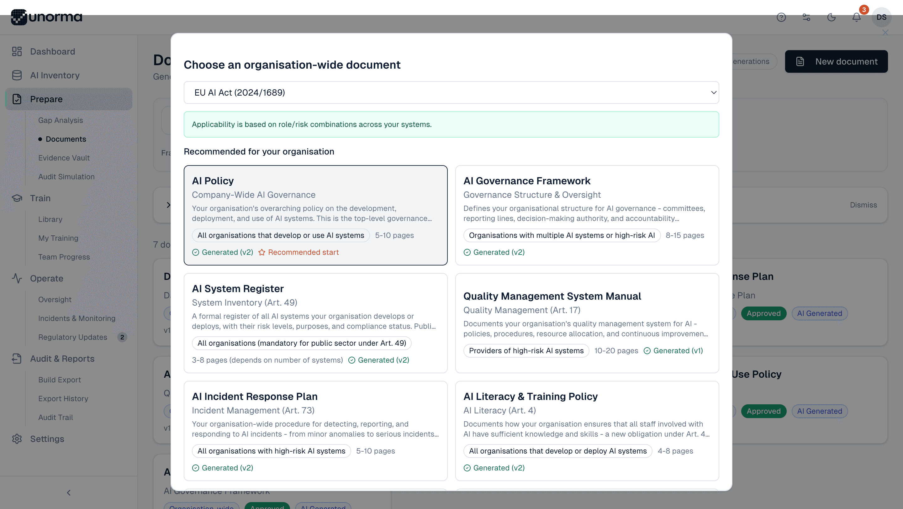 Unorma template picker showing recommended organisation-wide documents including AI Policy, AI Governance Framework and Incident Response Plan