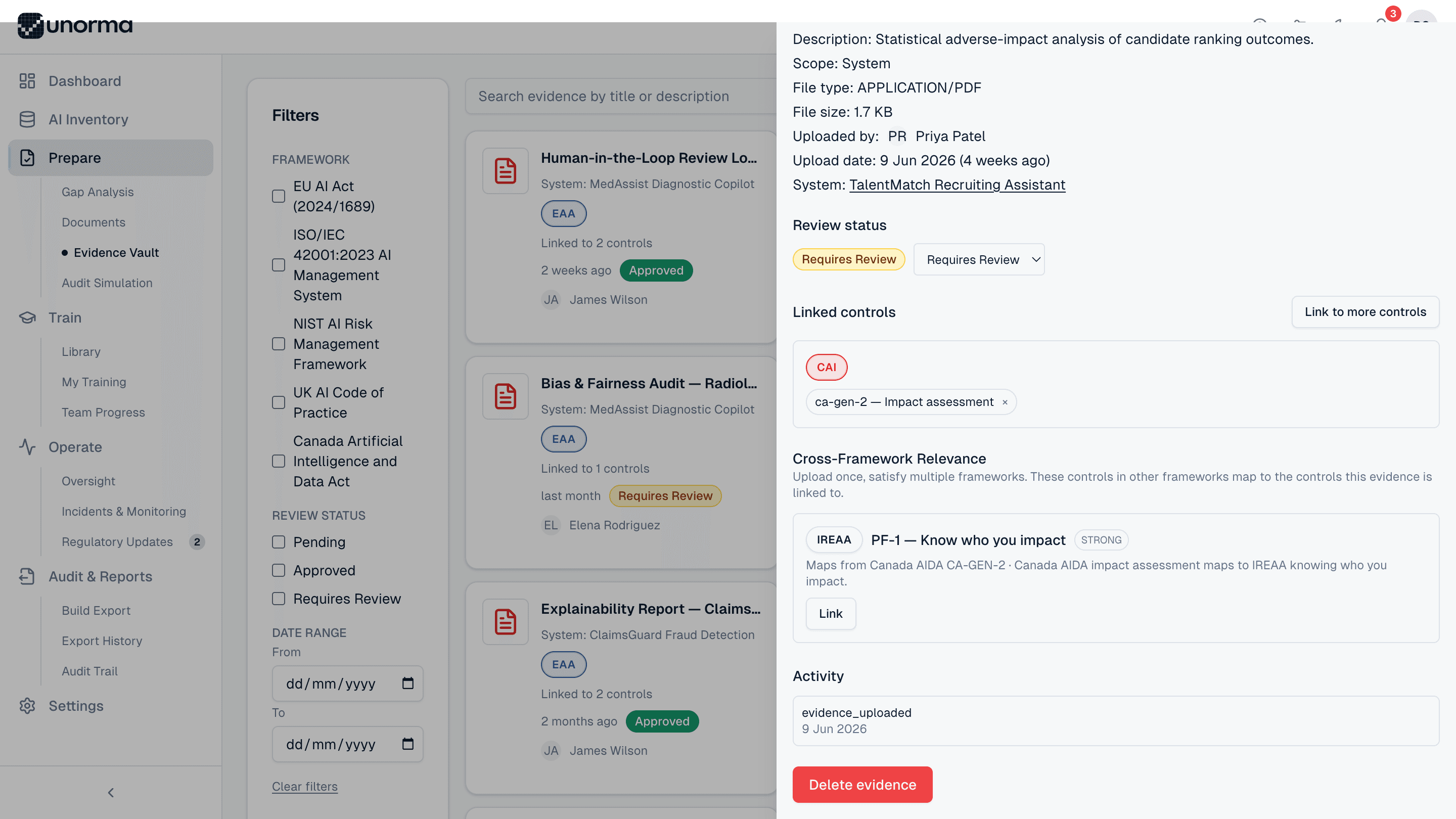 Unorma evidence detail panel showing review status, linked controls, and a suggested cross-framework mapping from Canada AIDA to IREAA