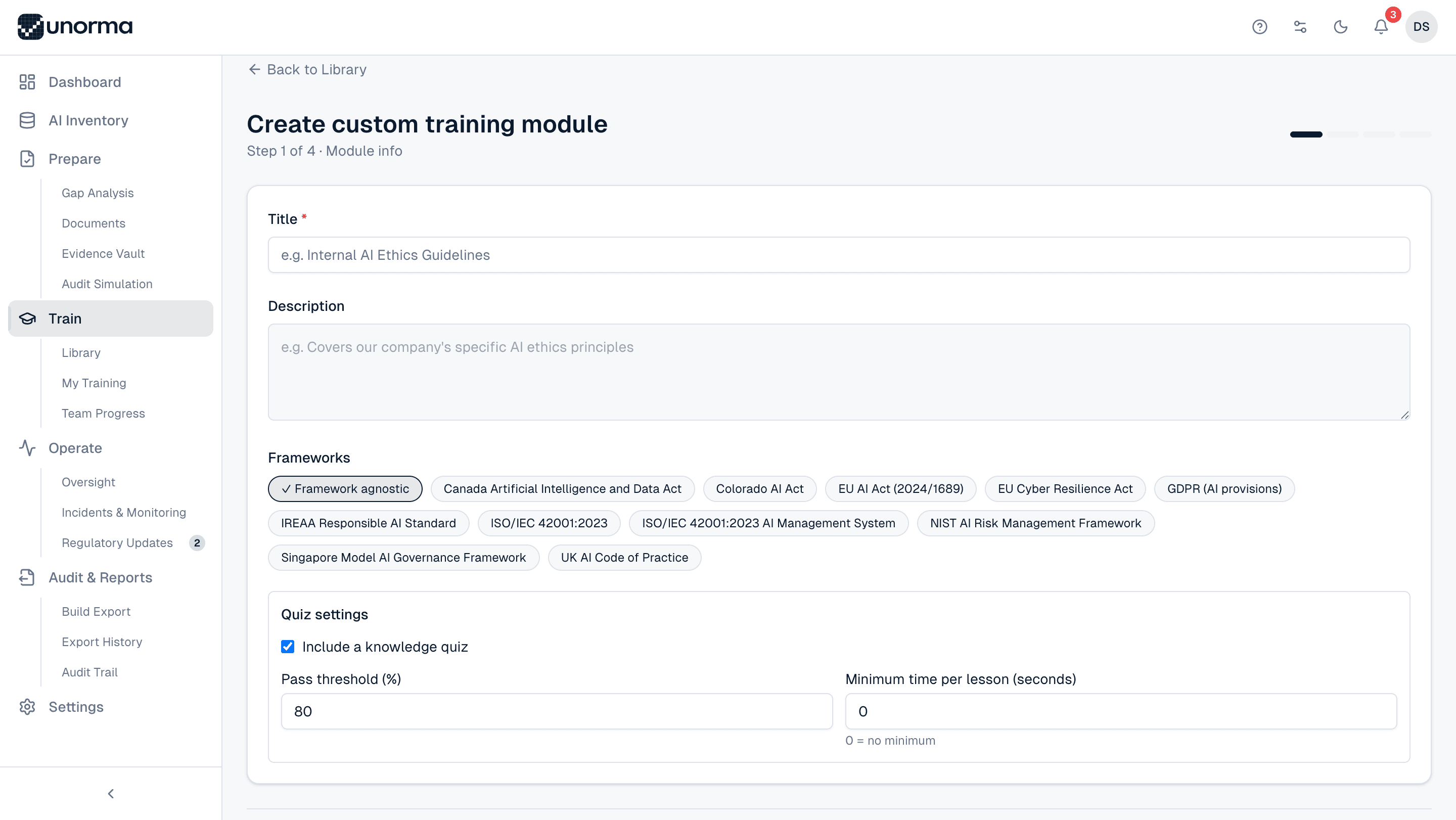 Unorma custom training module builder, step 1 of 4, with title, description, framework tags and quiz settings