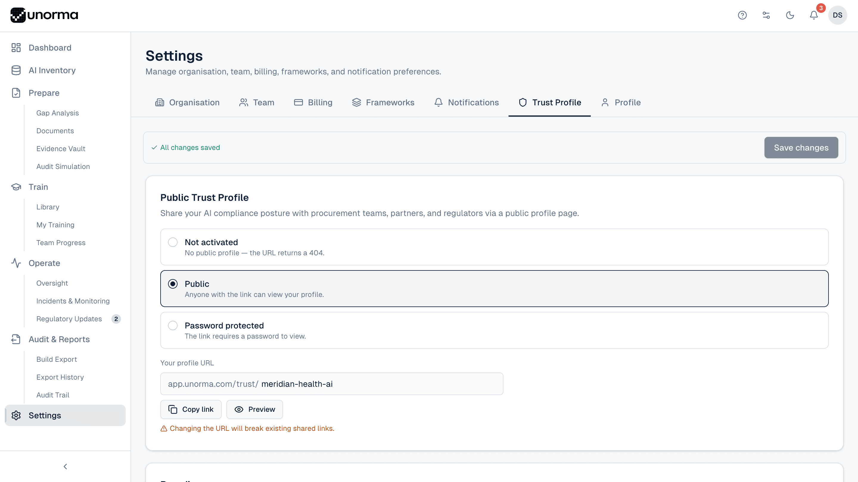 Unorma Trust Profile settings showing three activation modes and a customisable profile URL