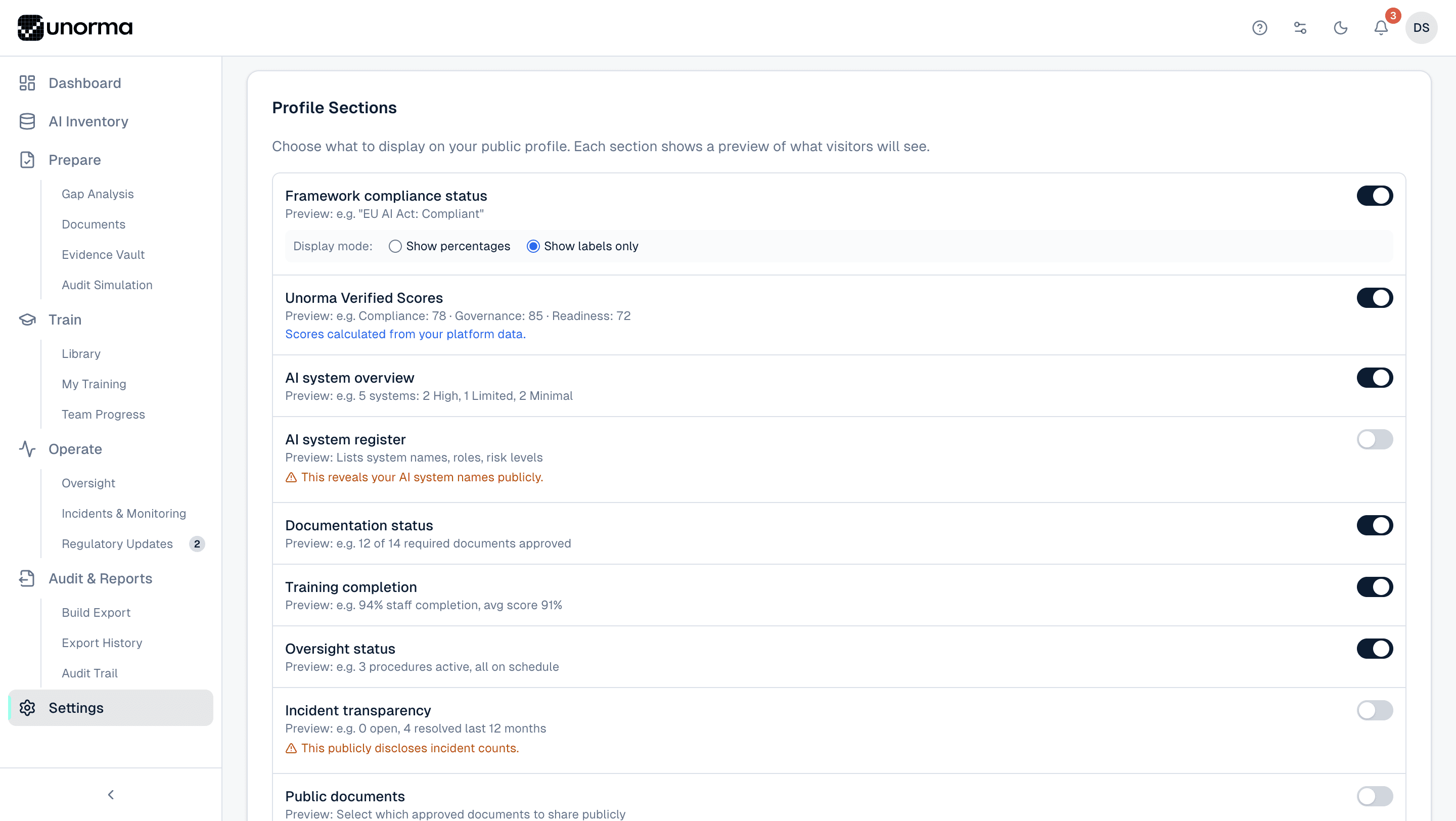 Unorma Trust Profile section toggles for framework compliance, verified scores, AI system register and incident transparency, with privacy warnings
