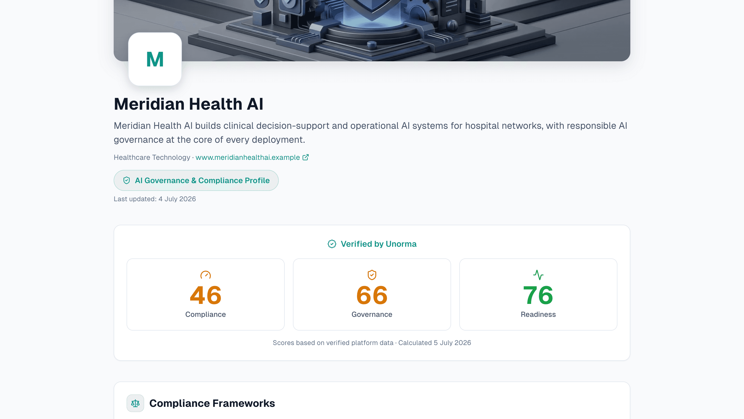 A live Unorma public trust profile for Meridian Health AI, showing verified Compliance, Governance and Readiness scores